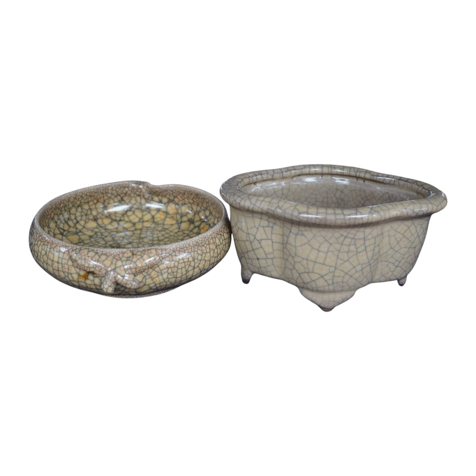 A Chinese crackle-glaze censer, 14cm wide, and a similar peach shaped brush washer, 12cm diameter (2). Condition - good.